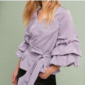 Anthropologie Sunday in Brooklyn Tiny Gingham Voluminous Ruffle Sleeve Blouse